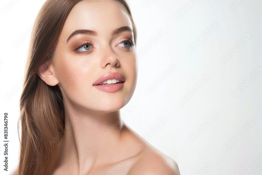 close up face portrait of young pretty Caucasian woman with bright flawless skin, beauty cosmetic or skincare fashion portrait with copy space isolated on white background, close up face portrait of young pretty Caucasian woman with bright flawless skin, beauty cosmetic or skincare fashion portrait with copy space isolated on white background,