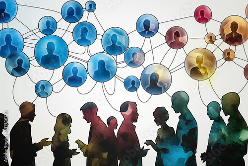 Illustration of figures symbolizing people, interconnected with lines, depicting a network of conversations with silhouettes of people in side view. photo