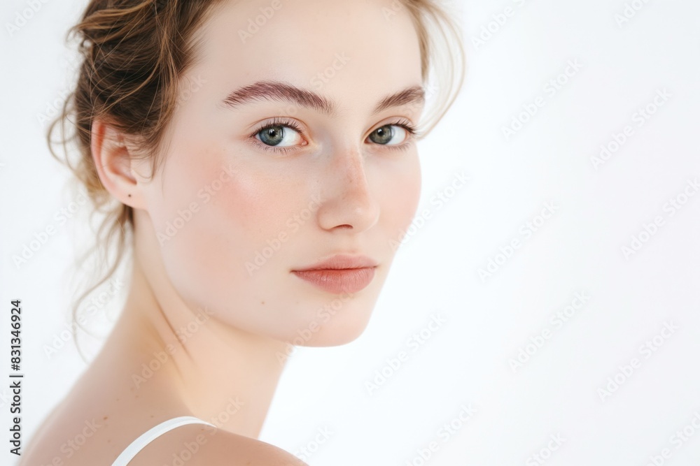 close up face portrait of young pretty Caucasian woman with bright flawless skin, beauty cosmetic or skincare fashion portrait with copy space isolated on white background, close up face portrait of young pretty Caucasian woman with bright flawless skin, beauty cosmetic or skincare fashion portrait with copy space isolated on white background,