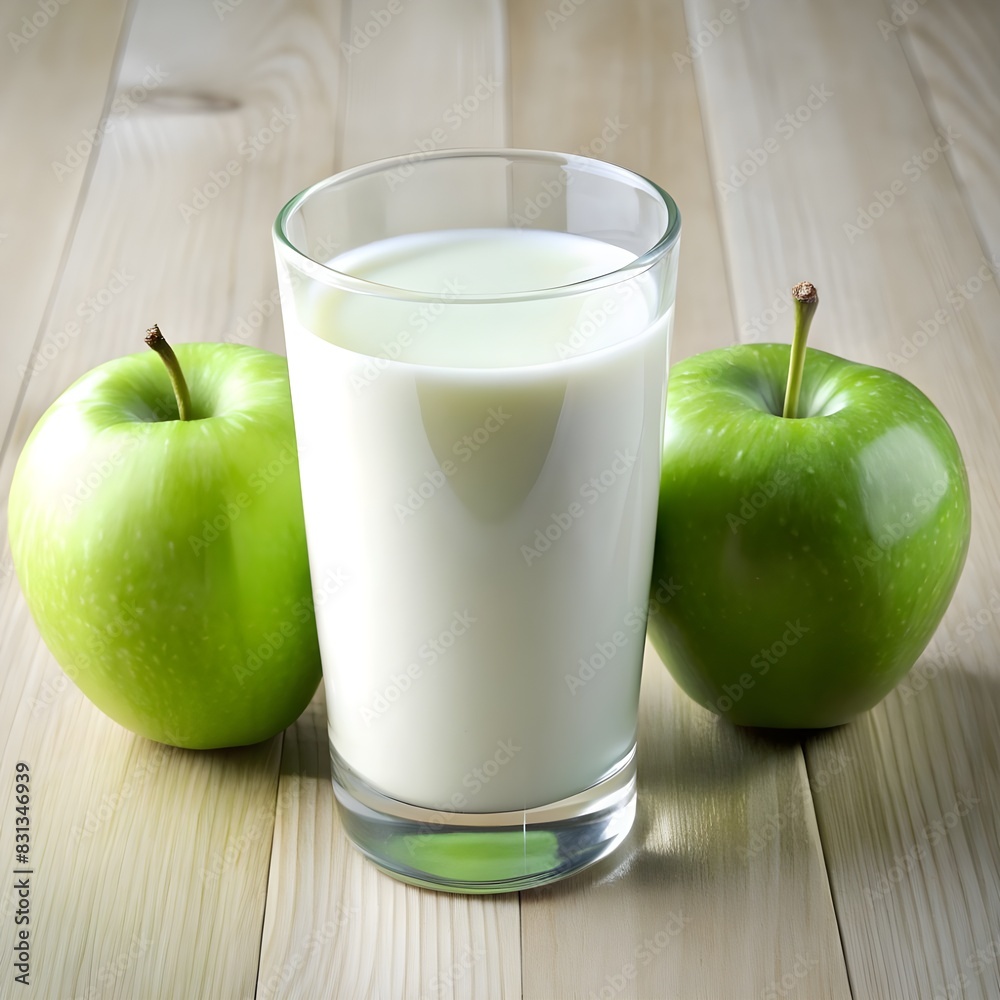 a glass of milk next to a green apple and a green a glass of milk next to a green apple and a green