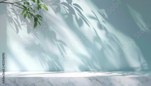  Beautiful background for presentation with minimalistic light blue wall  blurred foliage shadow  and marble floor. Serene ambiance for presentations.
