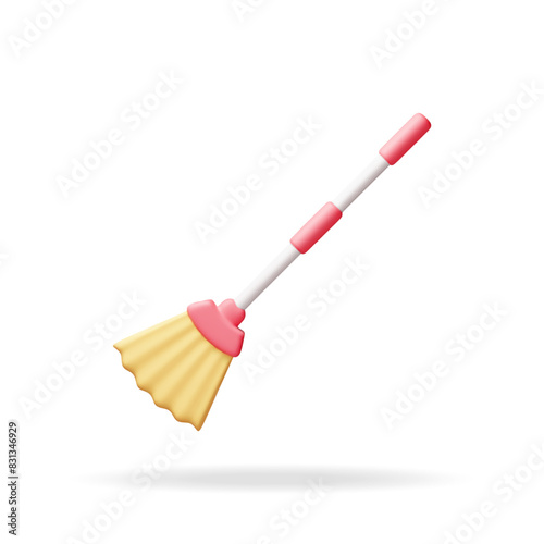 3d cleaning broom isolated on white. Render broom icon. House cleaning equipment. Household accessories. Realistic vector illustration