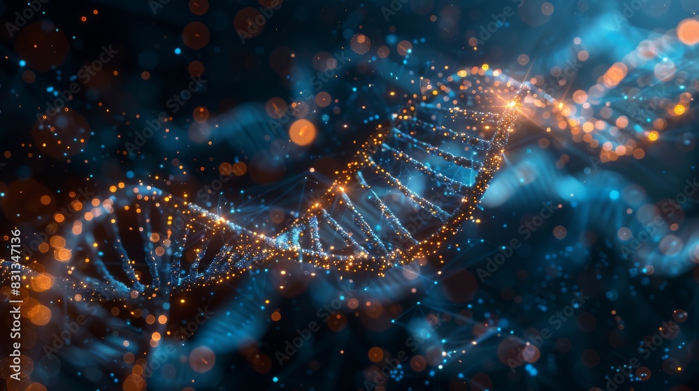 Obraz premium A DNA strand is shown in a blue and orange color scheme