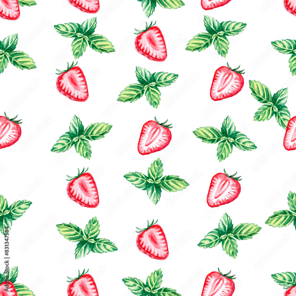 Seamless pattern of strawberries and mint leaves watercolor illustration on a white background. Hand drawn watercolor illustration for cards, packaging, fabrics, cookbooks, labels. Seamless pattern of strawberries and mint leaves watercolor illustration on a white background. Hand drawn watercolor illustration for cards, packaging, fabrics, cookbooks, labels.