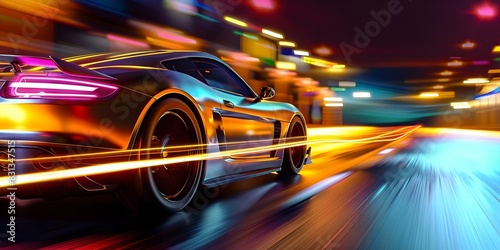 3D rendering of a neonlit sports car speeding down a colorful highway. Concept 3D Rendering, Neonlit Sports Car, Colorful Highway, High Speed, Action Shot
