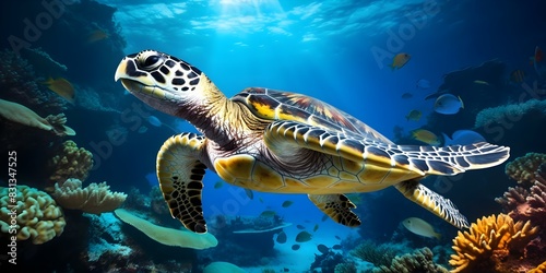 Hawksbill Turtle Spotted Swimming in Maldives Coral Reef in the Indian Ocean. Concept Wildlife Photography  Marine Life  Underwater World  Coral Reefs  Ocean Conservation