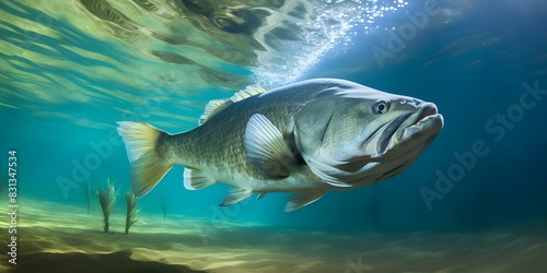 Underwater image of a Largemouth bass hunting for prey in its habitat. Concept Underwater Photography, Largemouth Bass, Hunting Prey, Habitat, Wildlife