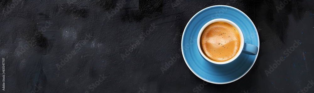 Flat Lay of Coffee Cup on Black Background with Blank Space Flat Lay of Coffee Cup on Black Background with Blank Space