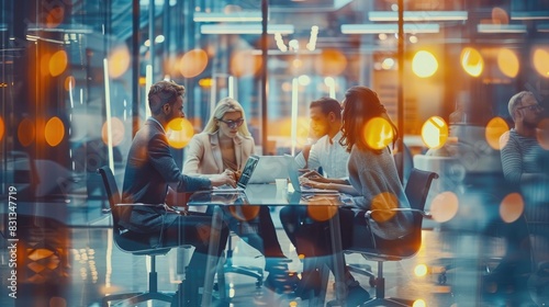 A diverse group of young professionals are having a discussion in a modern office  working on laptops at a glass table  with a blurry background and warm lighting and a double exposure effect