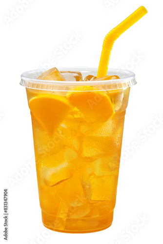 A cup of orange juice with ice cubes and a straw isolated transparent background