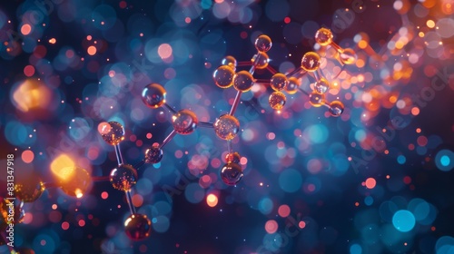 A colorful image of molecules and atoms with a blue background photo