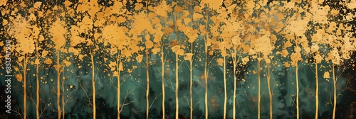 Abstract Forest Painting with Golden Trees and Dark Green Background