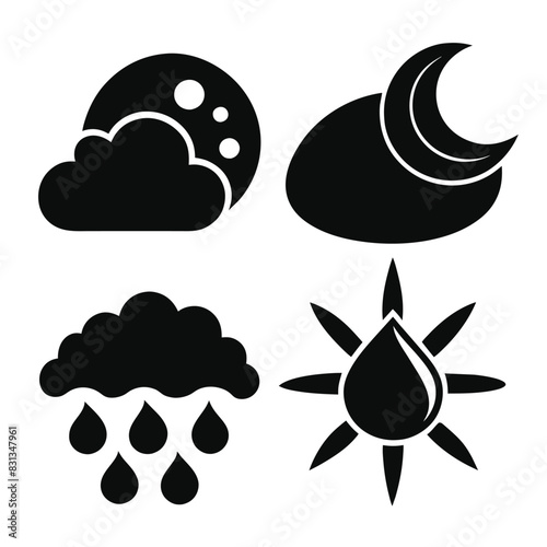 Set of Black and white rain weather vector on white background photo