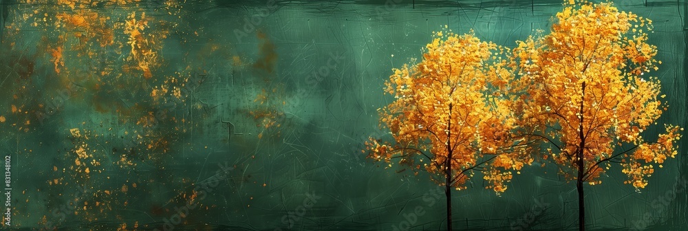 Abstract Autumn Landscape with Golden Trees Against a Teal Background