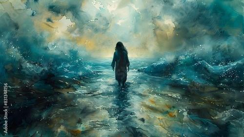 Surreal Watercolor Painting of Jesus Christ Transcendentally Walking on Water Inspired by Surrealism Style