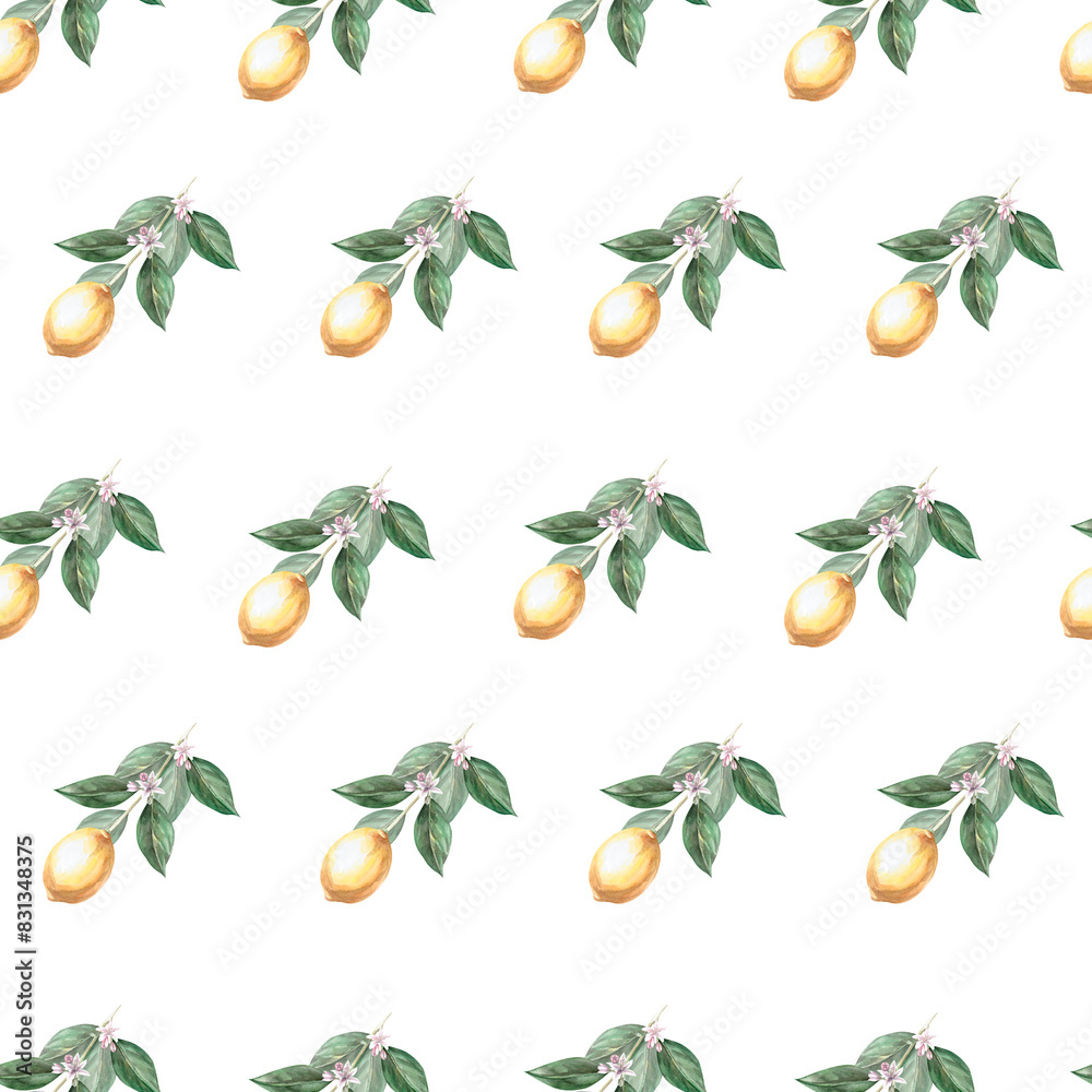 Seamless pattern of lemon branches in watercolor illustration on a white background. Hand drawn watercolor illustration of lemon for cards, packaging, fabrics, cookbooks, labels