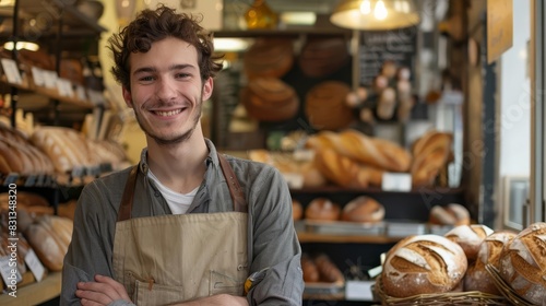 jeune boulanger souriant devant la vitrine de sa boulangerie style de vie des petites entreprises photographie lifestyle