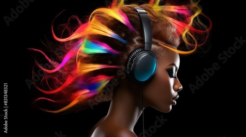 Side view of creative young woman with bright colorful dreadlocks in neon style on black background © dwoow