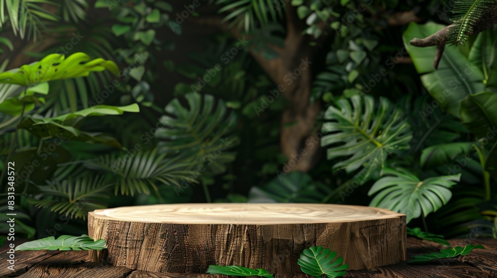 empty brown wooden podium on evergreen rain forest background. Natural water product present placement pedestal counter display, spring summer jungle paradise concept. empty brown wooden podium on evergreen rain forest background. Natural water product present placement pedestal counter display, spring summer jungle paradise concept.