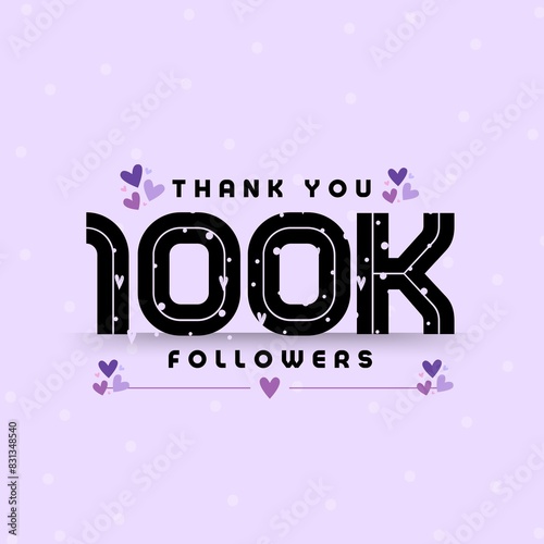 100K Followers Celebration, thank you banner for 100000 subscribers with purple color mini hearts