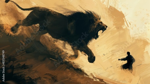 lions leap dramatic attack on human silhouette firstperson perspective digital painting photo