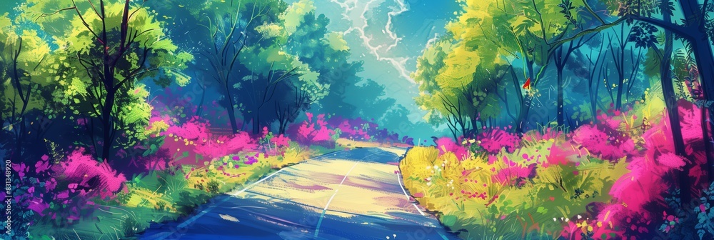 Fototapeta premium Vibrant Forest Path with Colorful Flowers and Lush Greenery in Daylight