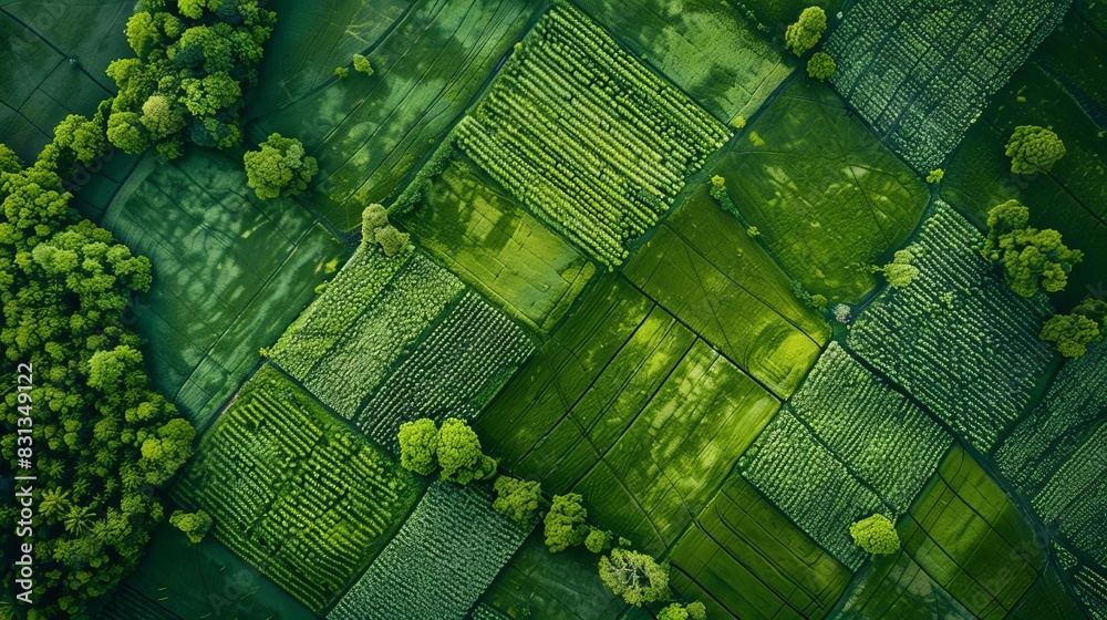 Fototapeta premium lush green agricultural fields viewed from above aerial landscape photography
