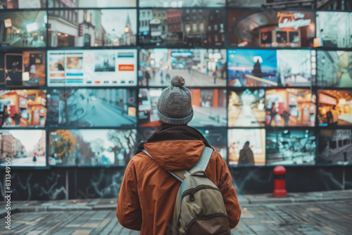 Obraz na płótnie Person watching a lot of TV screens. Propaganda and fake news concept. Politicians manipulate society with help of public television w salonie