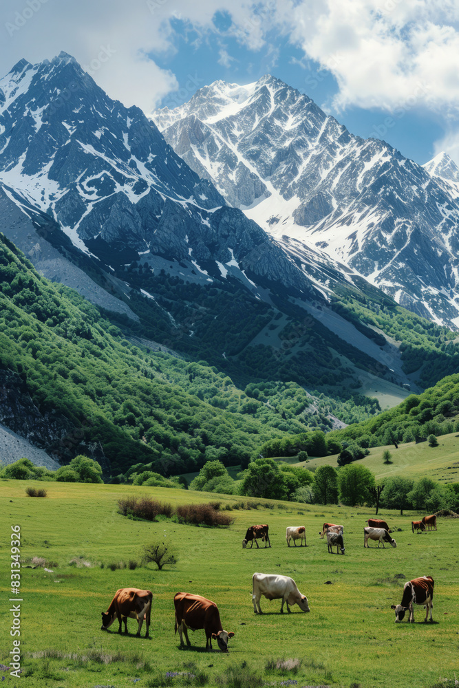 Grazing cows in pasture with snowy mountain peaks in background. Landscape with herd of cows on meadow with green grass at summer day