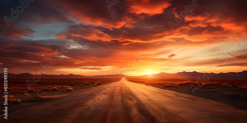 A Desert Road Leading into a Beautiful Sunset. Concept Landscape Photography, Sunset Silhouettes, Travel Adventures, Nature's Beauty