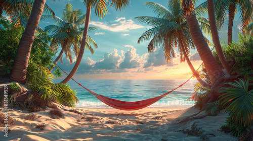 Hammock between palm trees on a tropical beach for a relaxed summer vibe.