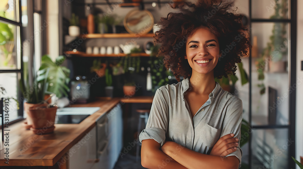 A cheerful and successful entrepreneur woman, dressed casually, poses in her office apartment with arms crossed, smiling, and laughing. Her gaze is directed away, conveying a sense of contentment and A cheerful and successful entrepreneur woman, dressed casually, poses in her office apartment with arms crossed, smiling, and laughing. Her gaze is directed away, conveying a sense of contentment and