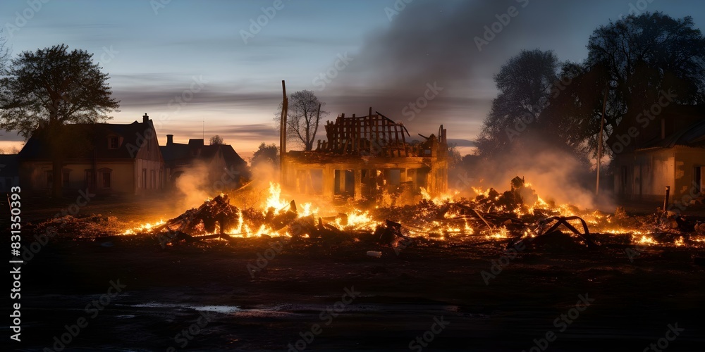 Ruined town at twilight after disaster with fire and flames. Concept Ruined Town, Twilight, Disaster, Fire and Flames, Apocalyptic Landscape Ruined town at twilight after disaster with fire and flames. Concept Ruined Town, Twilight, Disaster, Fire and Flames, Apocalyptic Landscape