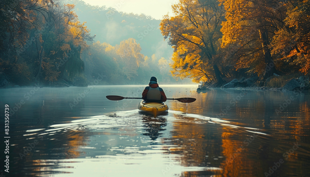 A man in a yellow jacket paddles a kayak on a river by AI generated image A man in a yellow jacket paddles a kayak on a river by AI generated image