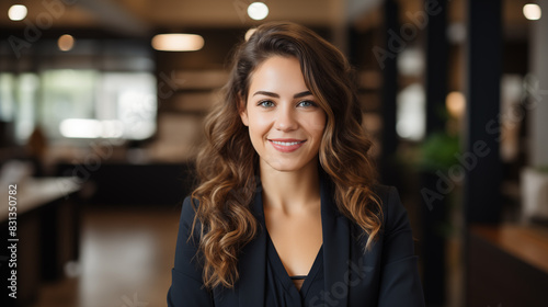 Smilling businesswoman standing at the office,looking at the camera.