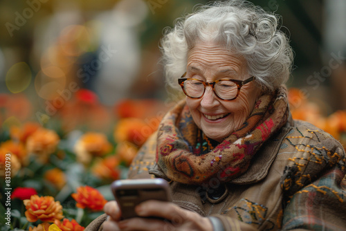 An older woman laughing while watching a funny clip on her smartphone. photo