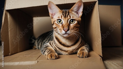 A Bengal cat with striking markings and bright eyes sits inside a cardboard box tunnel, displaying its playful and curious nature in a cozy indoor setting.