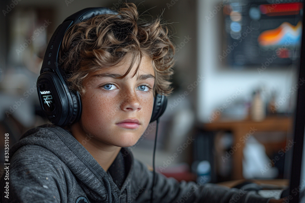 A teenage boy seriously coding for a school project on his computer.