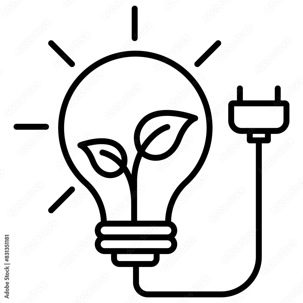 Black outline icon of Green Electricity Eco-Friendl. Plant Inside Light Bulb and Plugin for Sustainable Energy. Black outline icon of Green Electricity Eco-Friendl. Plant Inside Light Bulb and Plugin for Sustainable Energy.