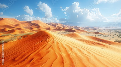 Ultra-Realistic 3D Rendering of Sahara Desert Dunes with Intricate Sand Textures and Subtle Color Gradients in a Clear Sky. Cinematic Atmosphere Capturing the Vastness and Iconic Patterns of Rolling S