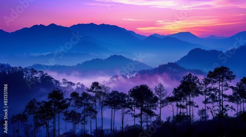 majestic mountainscape at dawn silhouetted trees and cascading fog in vibrant sunrise hues landscape photography photo