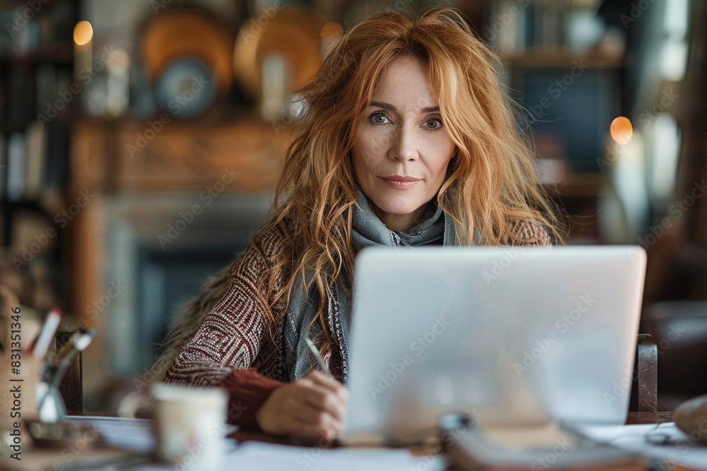 A mature woman seriously writing a report on her laptop at a home office. A mature woman seriously writing a report on her laptop at a home office.