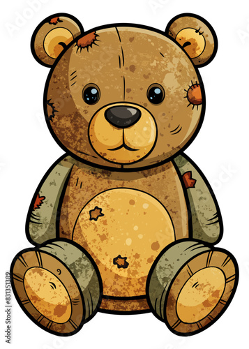 A dirty teddy bear is sitting on a plain, white surface