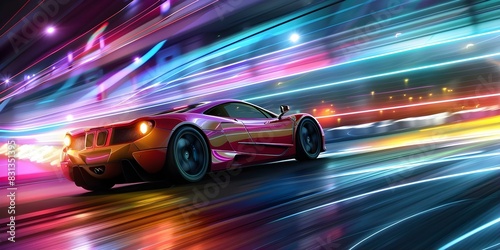 Neonlit night race track with supercar speeding through colorful lights blur. Concept Night Photography, Supercar, Neon Lights, Race Track, Speed Blur