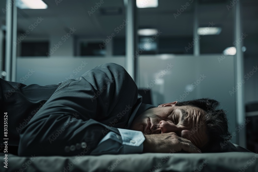 Overworked male executive in suit napping at his desk in a dark office setting, highlighting workplace burnout Overworked male executive in suit napping at his desk in a dark office setting, highlighting workplace burnout
