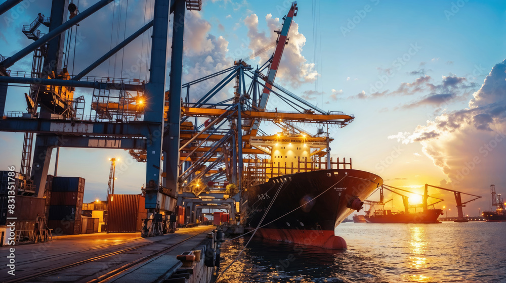Cargo ship docked at a busy port at sunset Cargo ship docked at a busy port at sunset