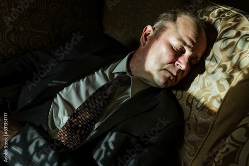 Overtired man in a suit catches a moment of sleep on a couch, bathed in sunlight photo