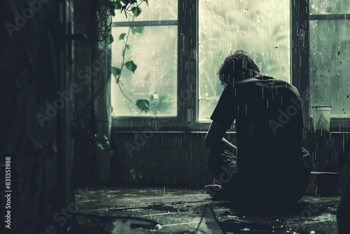Solitary figure sits in melancholy beside a rainstreaked window, evoking a mood of introspection © anatolir