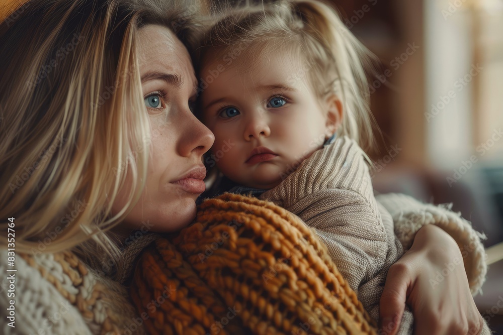 Closeup of a loving mother embracing her young child, expressing affection and comfort Closeup of a loving mother embracing her young child, expressing affection and comfort