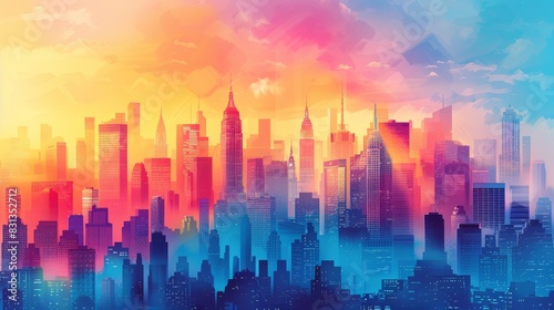 A colorful illustration of a bustling cityscape with skyscrapers and busy streets  representing the dynamic environment of entrepreneurship and business.